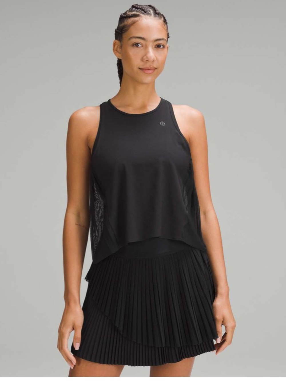 Lululemon Side Pleats Tennis Tank Top 6 Black Swift Fabric Sleeveless Sheer Logo